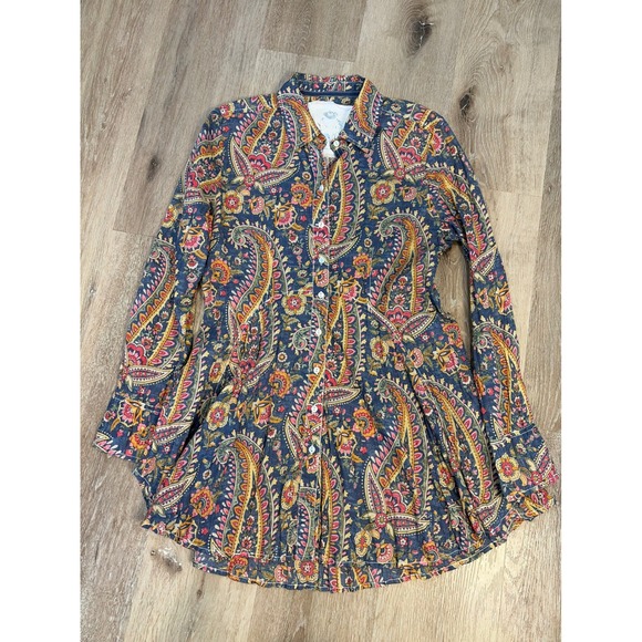 Cino Tops - Cino Womens Blue Paisley Crinkle Cotton Button Down Shirt Long Sleeve Size XS